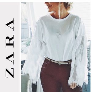 Zara White Long Fringe Sleeves Top S
